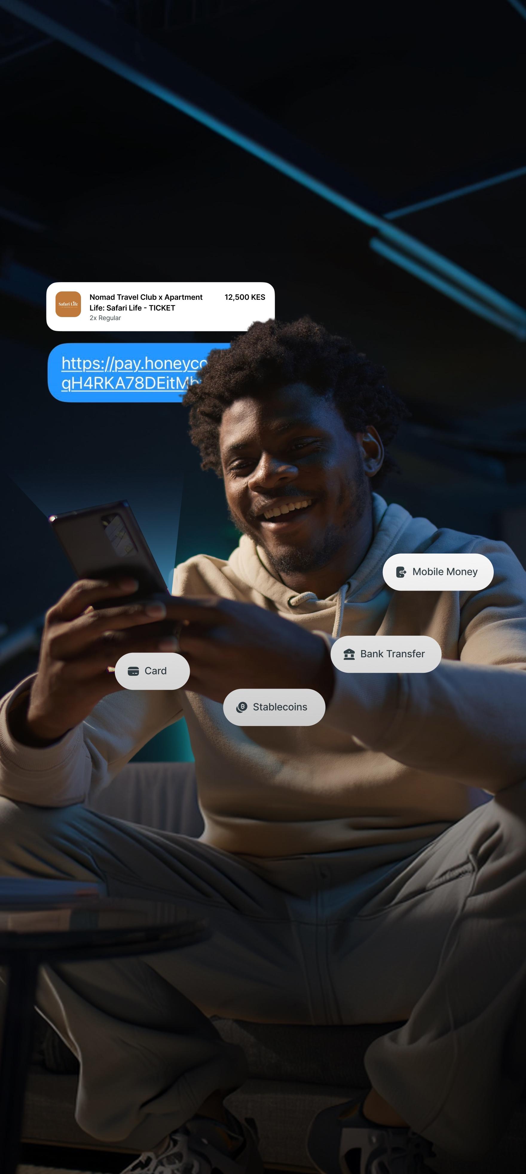 Person smiling while sending a payment link on their phone