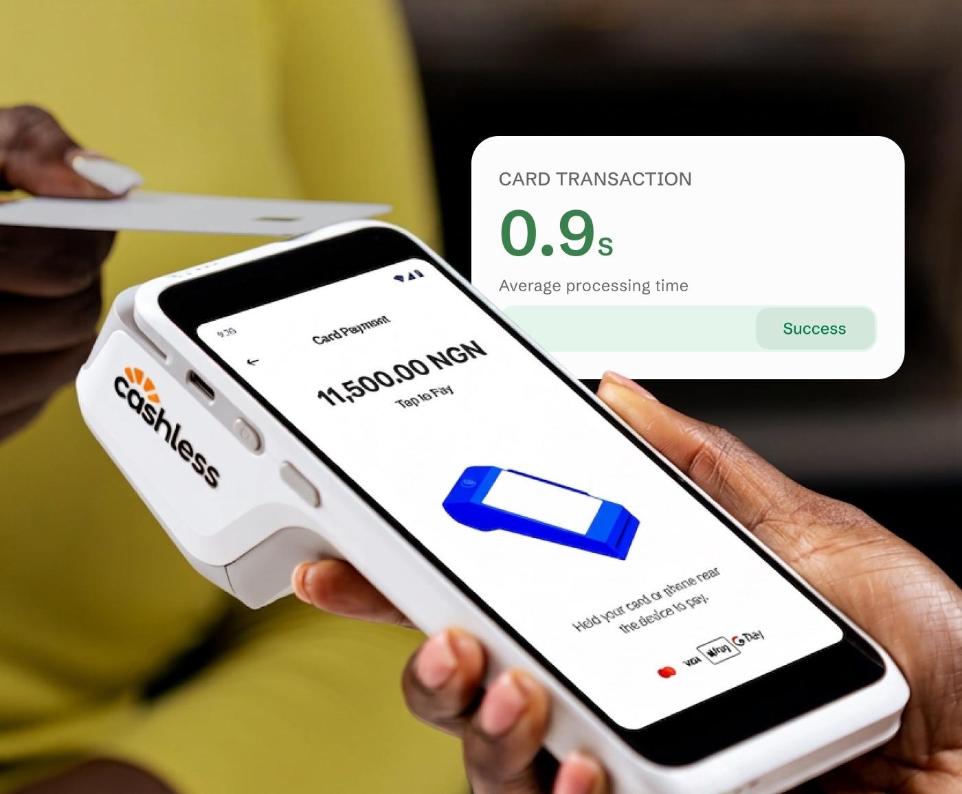 Cashless terminal in use with a card transaction speed overlay