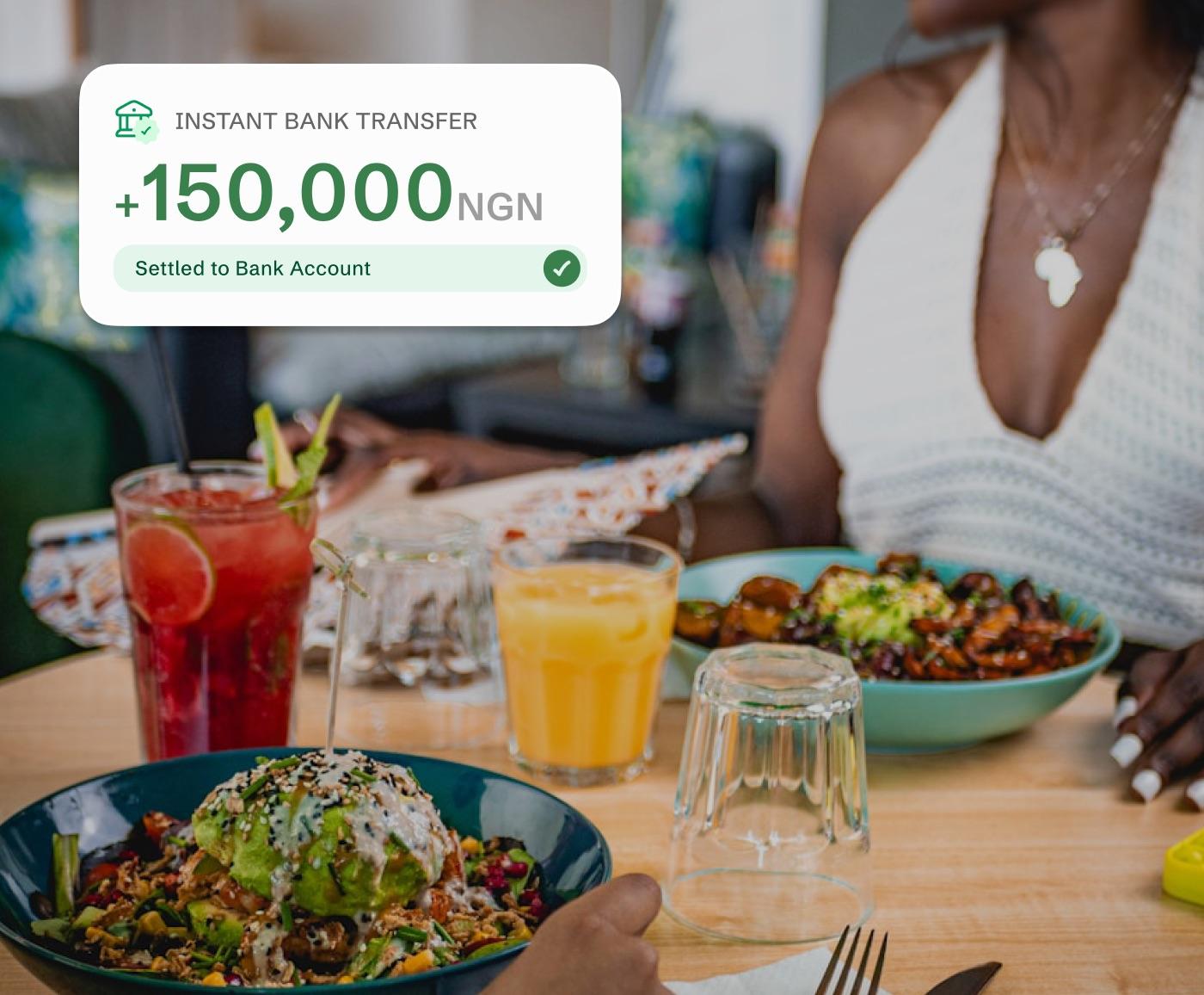 Restaurant scene with an instant bank transfer confirmation overlay